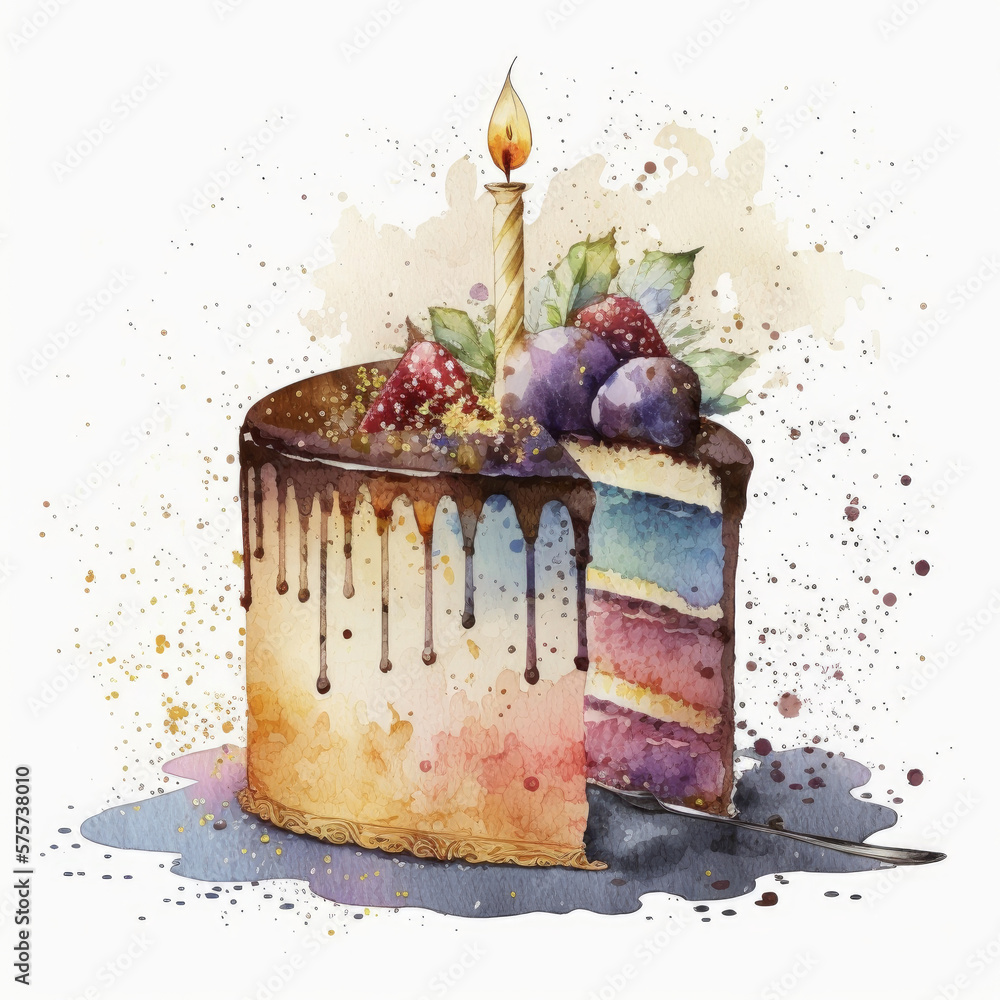 birthday watercolor cake on white background. Illustration AI Generative