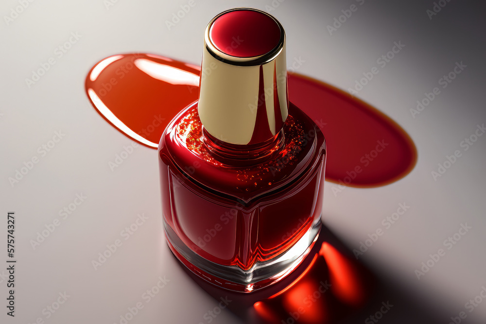 top view of a bottle of red nail polish varnish flows. Illustration AI Generative