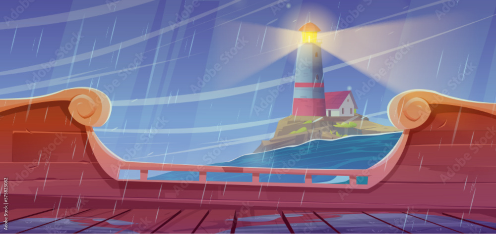 Sea landscape background with lighthouse on island, ship deck view. Cartoon vector Illustration with