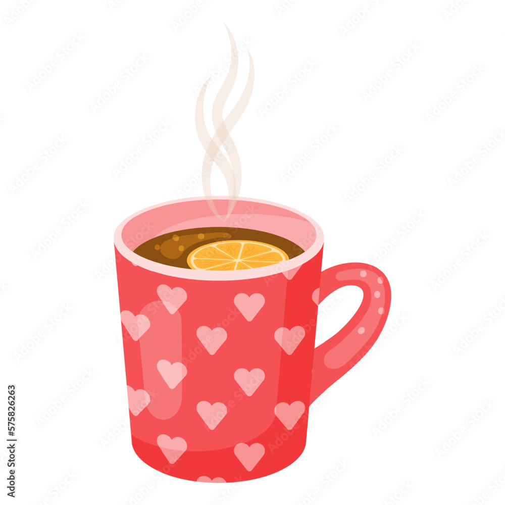 romantic cup of hot tea with lemon. Vector illustration, Isolated on white. Cartoon style.