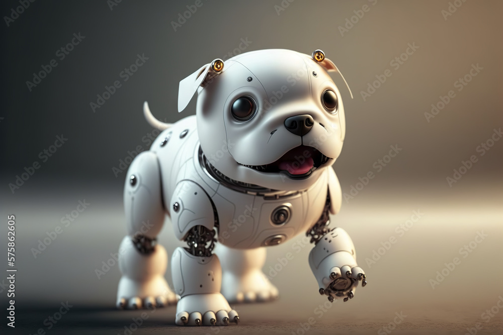 Cute robotic puppy on empty background. White happy little dog robot. Futuristic pet assistant power