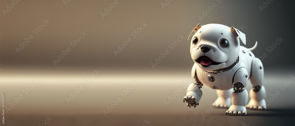 Cute robotic puppy isolated on large empty background. White happy little dog robot. Futuristic pet 