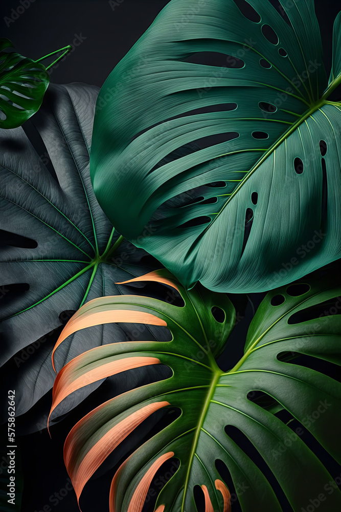 Green tropical leaves background. Natural foliage leaf texture. View of palm plants. Generative ai