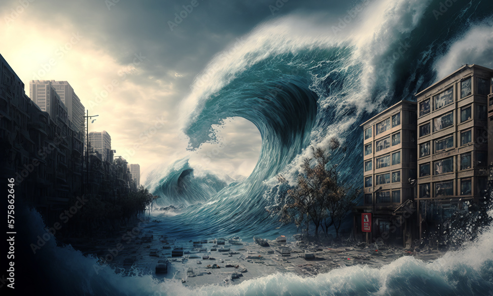 Huge tsunami destroying a city. Dramatic scenery with a big wave flooding the lanscape. Natural disa