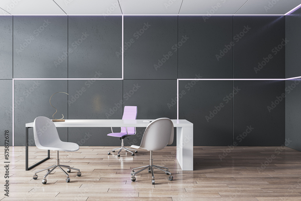 Contemporary wooden and concrete office interior with furniture. 3D Rendering.