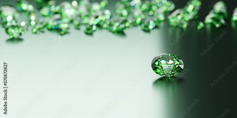 Green Diamond Group on Glossy Background Soft Focus 3d illustration rendering