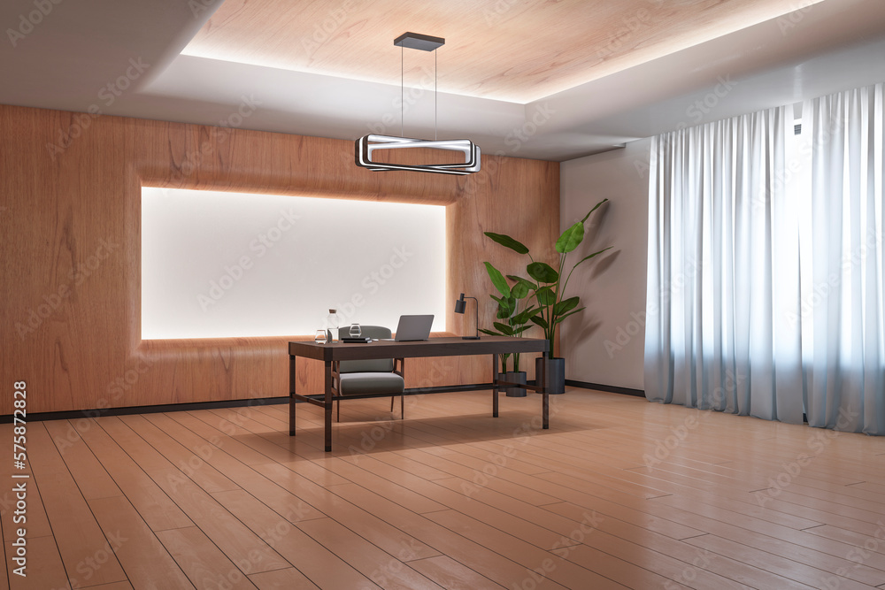 Contemporary light wooden office interior with furniture and equipment. Workplace concept. 3D Render