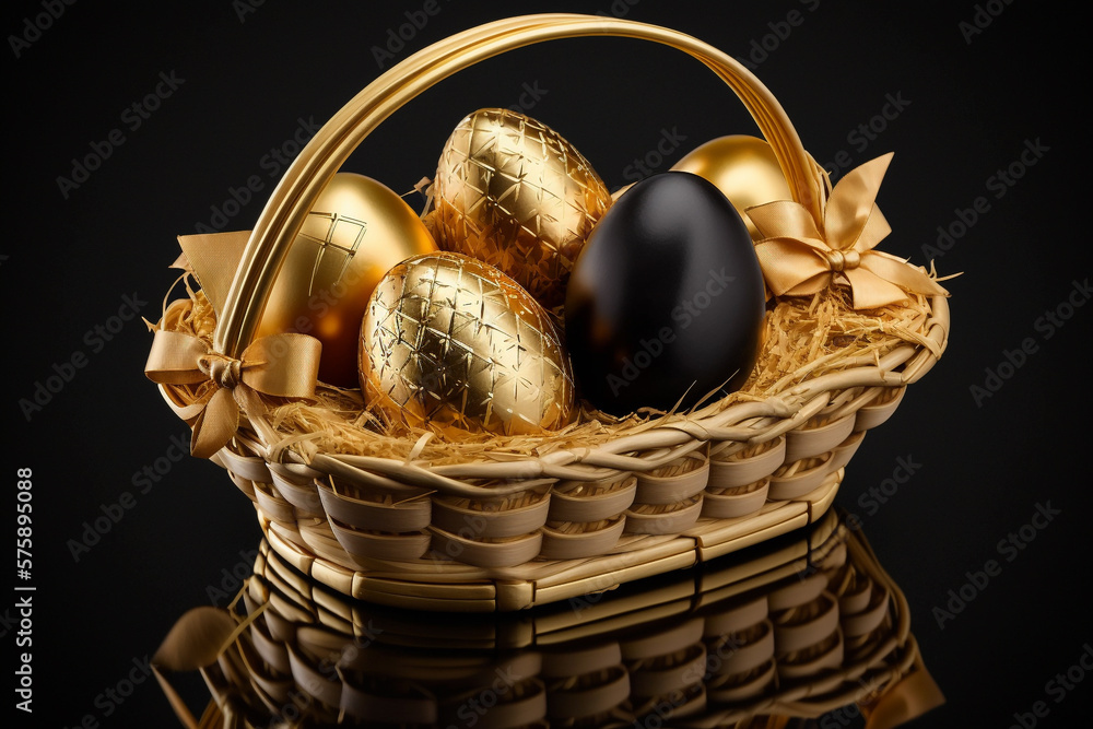 Golden and black easter eggs in basket, generative ai