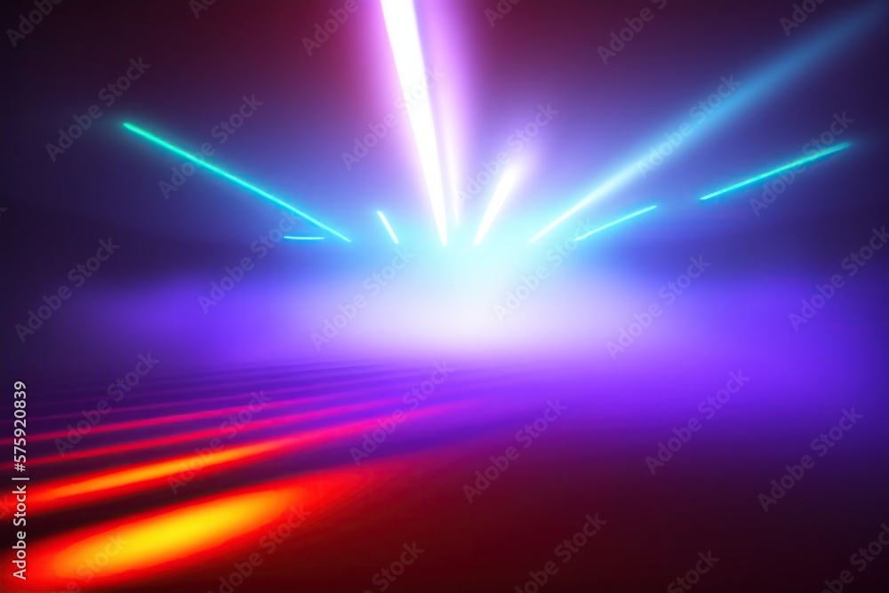 Beautiful abstract futuristic dark background with neon glow and purple smoke. AI generated.