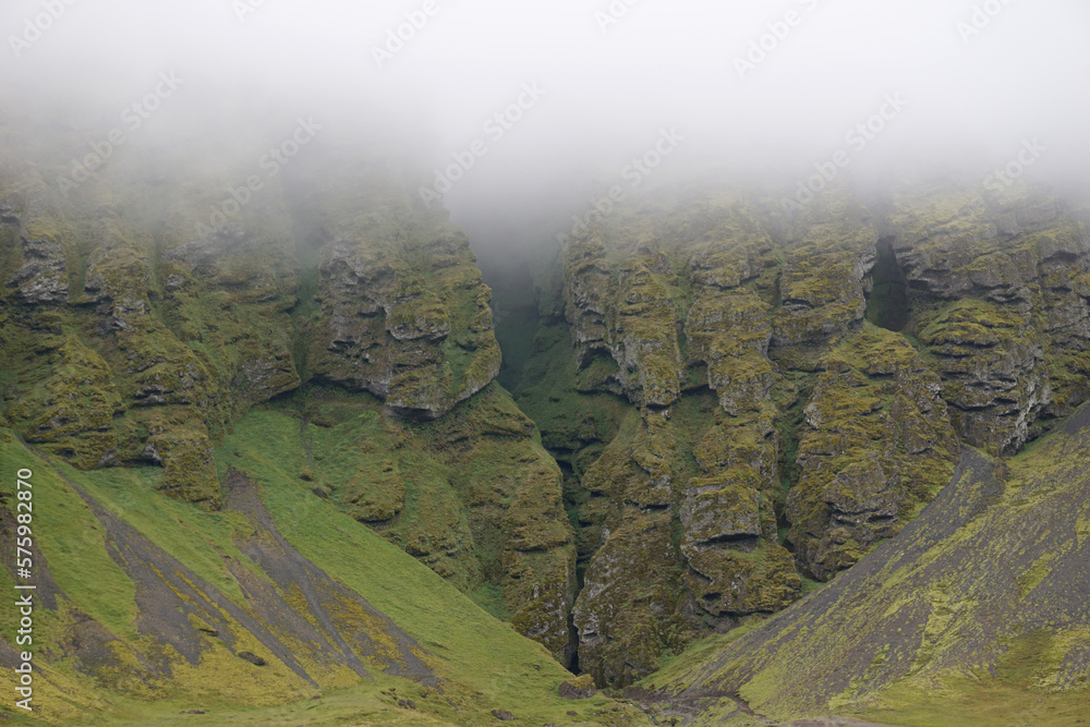 Rocks and fog at Raudfeldsgja Gorge on Snaefellsnes Peninsula in Iceland