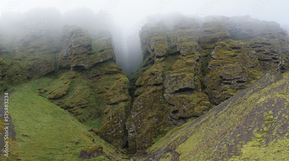 Rocks and fog at Raudfeldsgja Gorge on Snaefellsnes Peninsula in Iceland