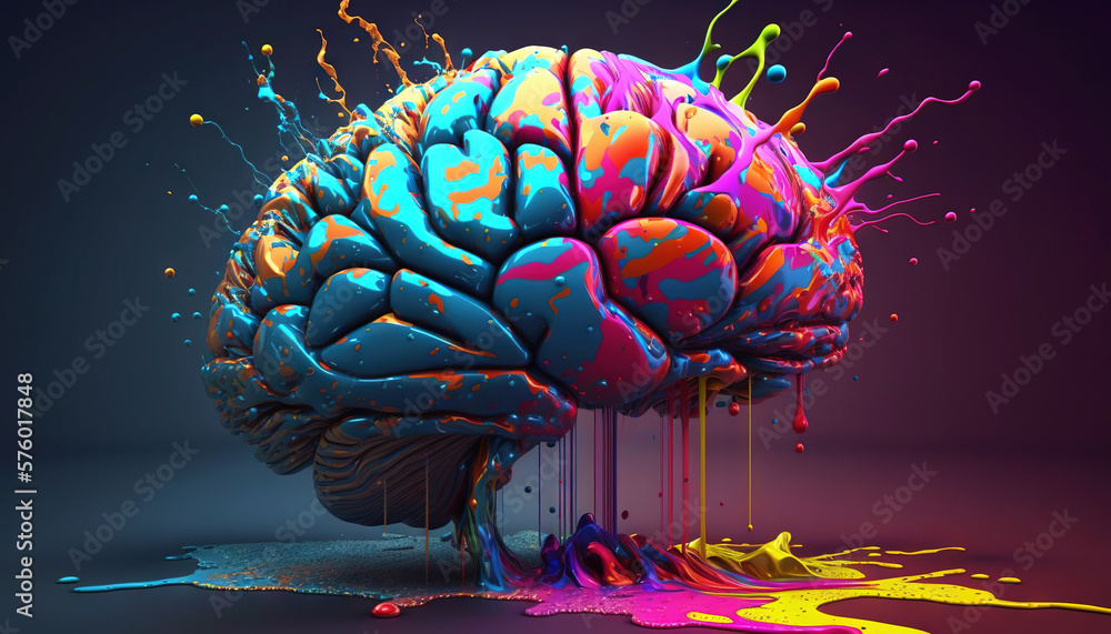 Brain made of tangled interwined colorful paint splashes. Intelligence or creativity concept. Genera