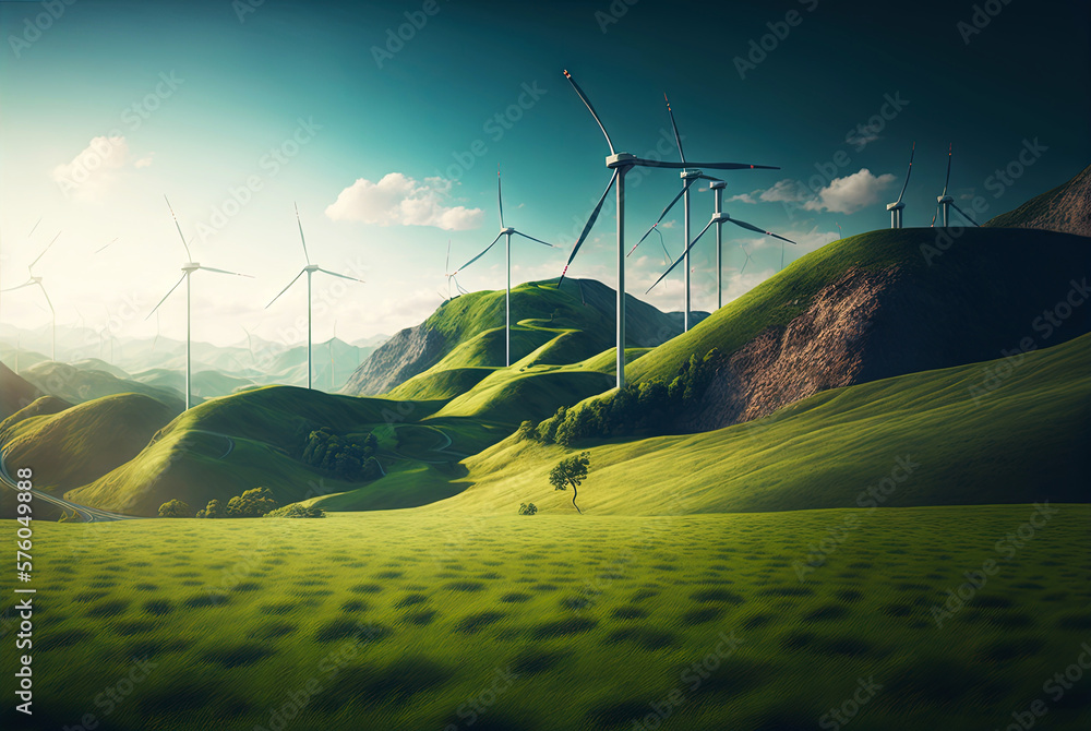 Landscape with windmills. Renewable electricity technology. Generative AI