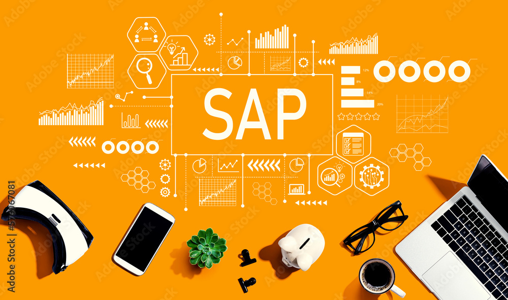 SAP - Business process automation software theme with electronic gadgets and office supplies - flat 