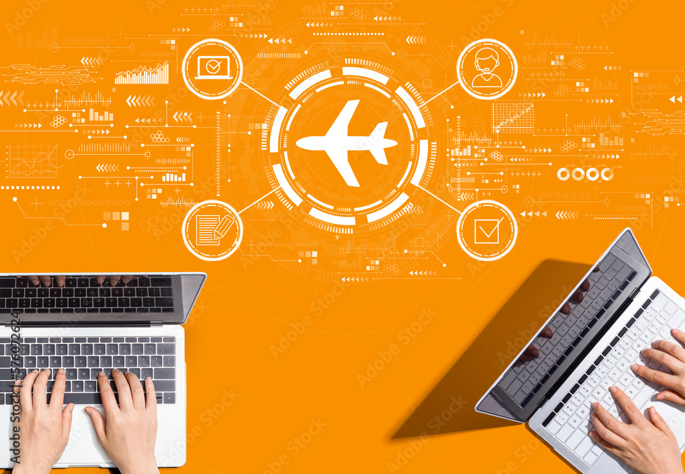 Flight ticket booking concept with people working together with laptop computers