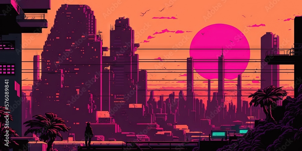 Panoramic cityscape in cyberpunk futuristic style. Towering skyscrapers in neon retrowave colors. Ge