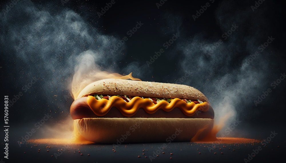 Super delicious hot dog with mustard and vegetables on dark background. Generative AI