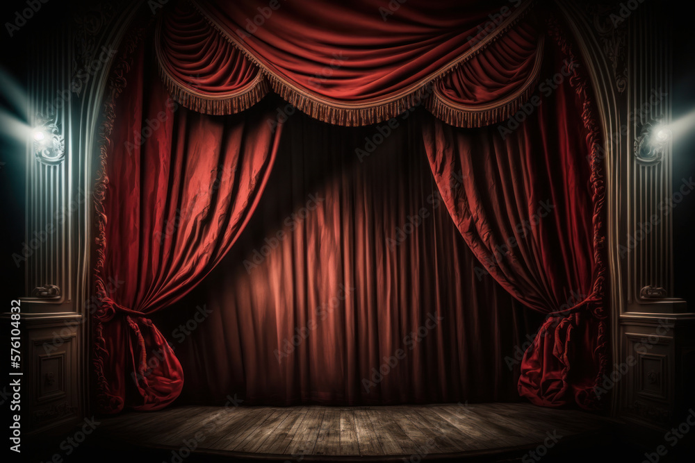 Magic theater stage red curtains Show Spotlight. Illustration AI Generative