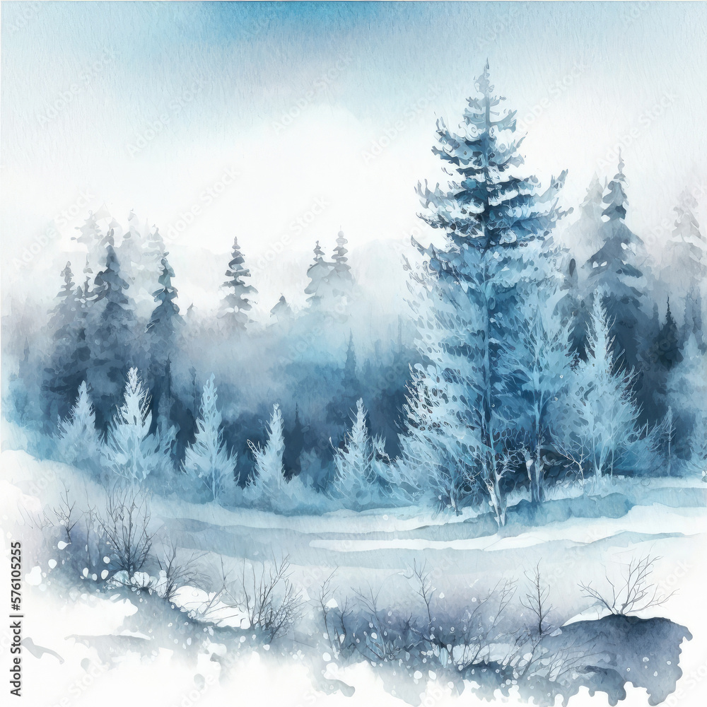 Winter Forest Watercolor Background Illustration AI Generative