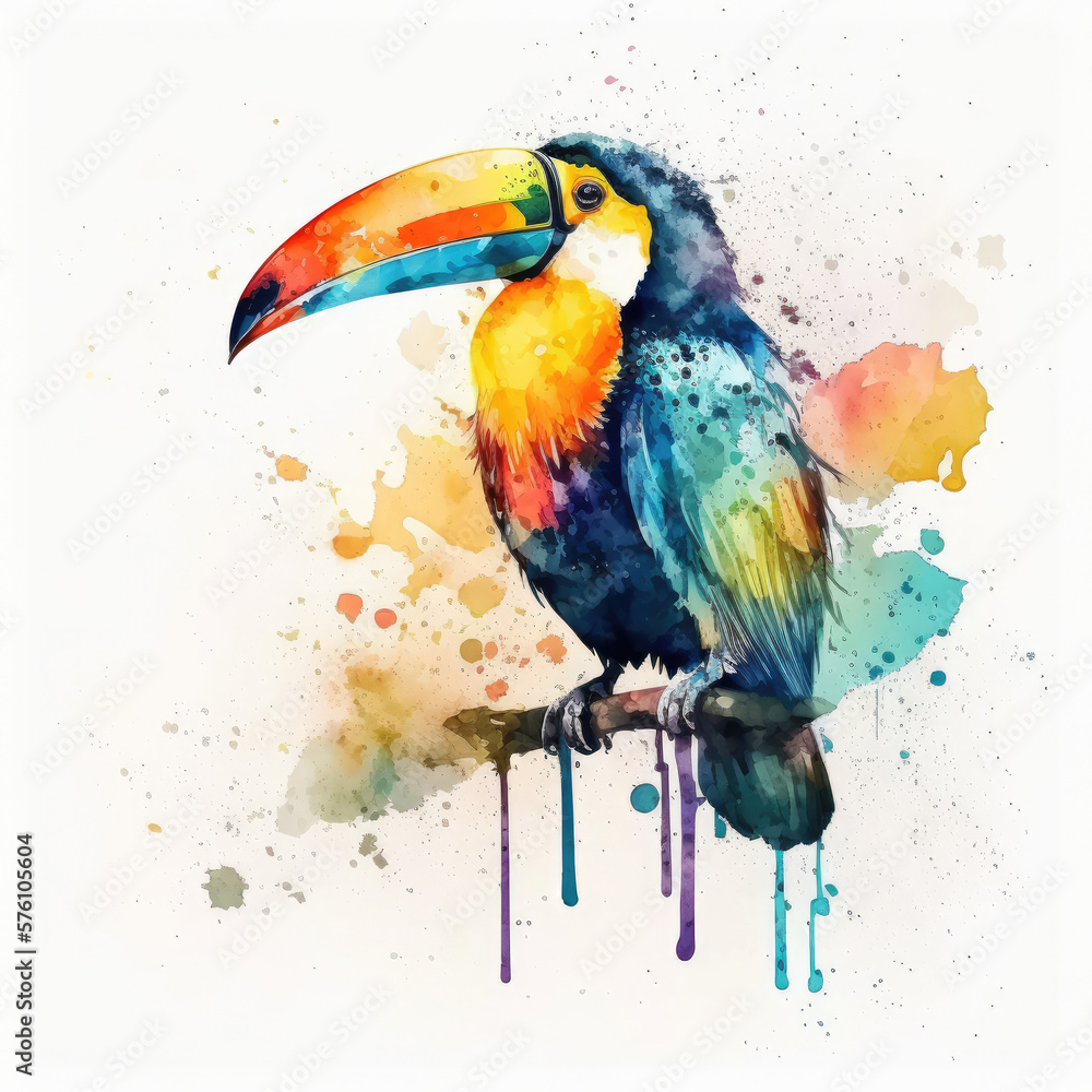 Cute Watercolor Toucan Bird. Illustration AI Generative