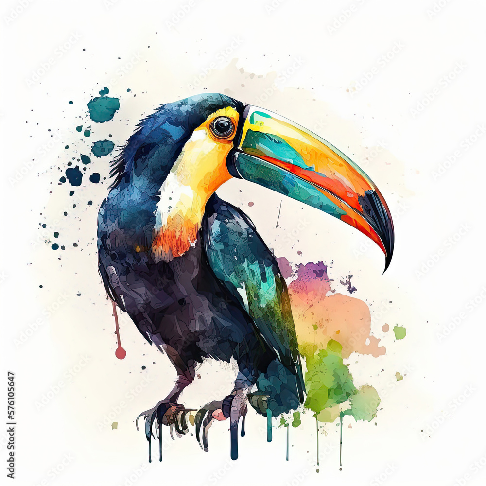 Cute Watercolor Toucan Bird. Illustration AI Generative