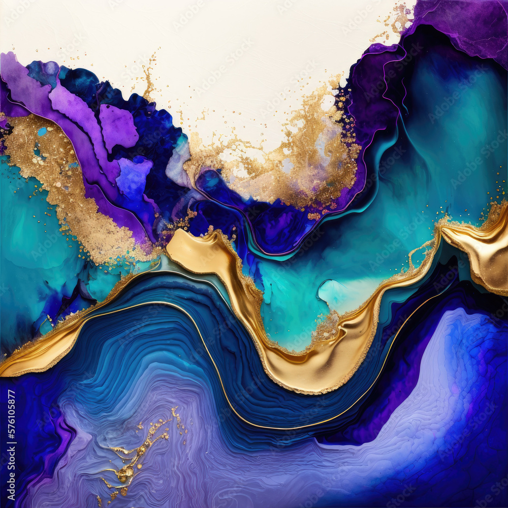 Abstract painted blue, violet and gold glitter color background. Illustration AI Generative