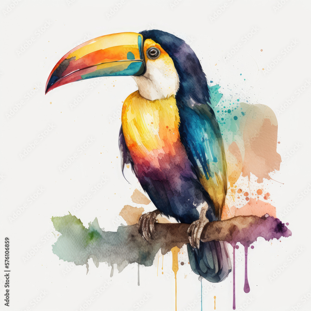 Cute Watercolor Toucan Bird. Illustration AI Generative