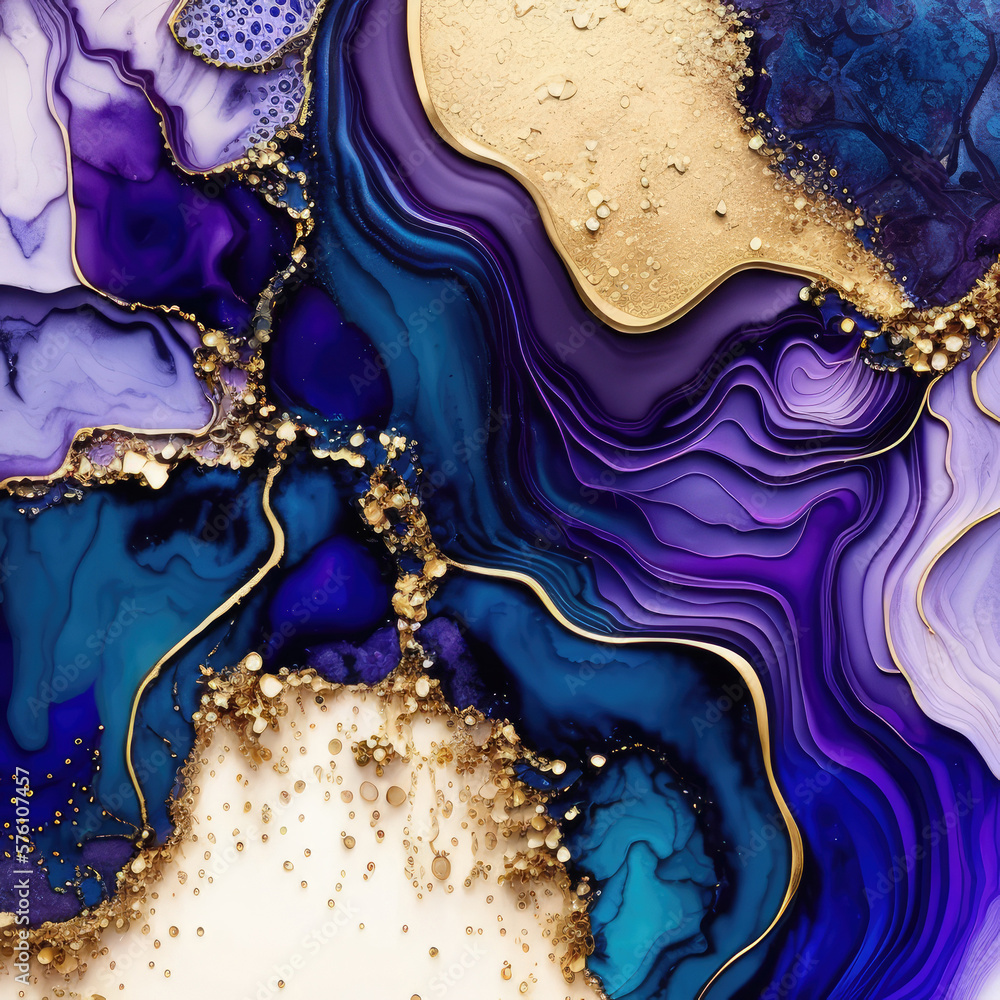 Abstract painted blue, violet and gold glitter color background. Illustration AI Generative