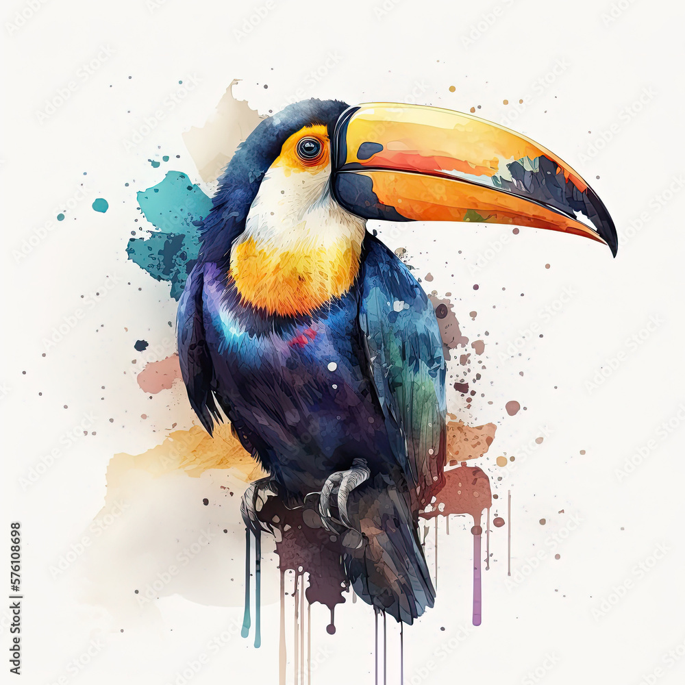 Cute Watercolor Toucan Bird. Illustration AI Generative