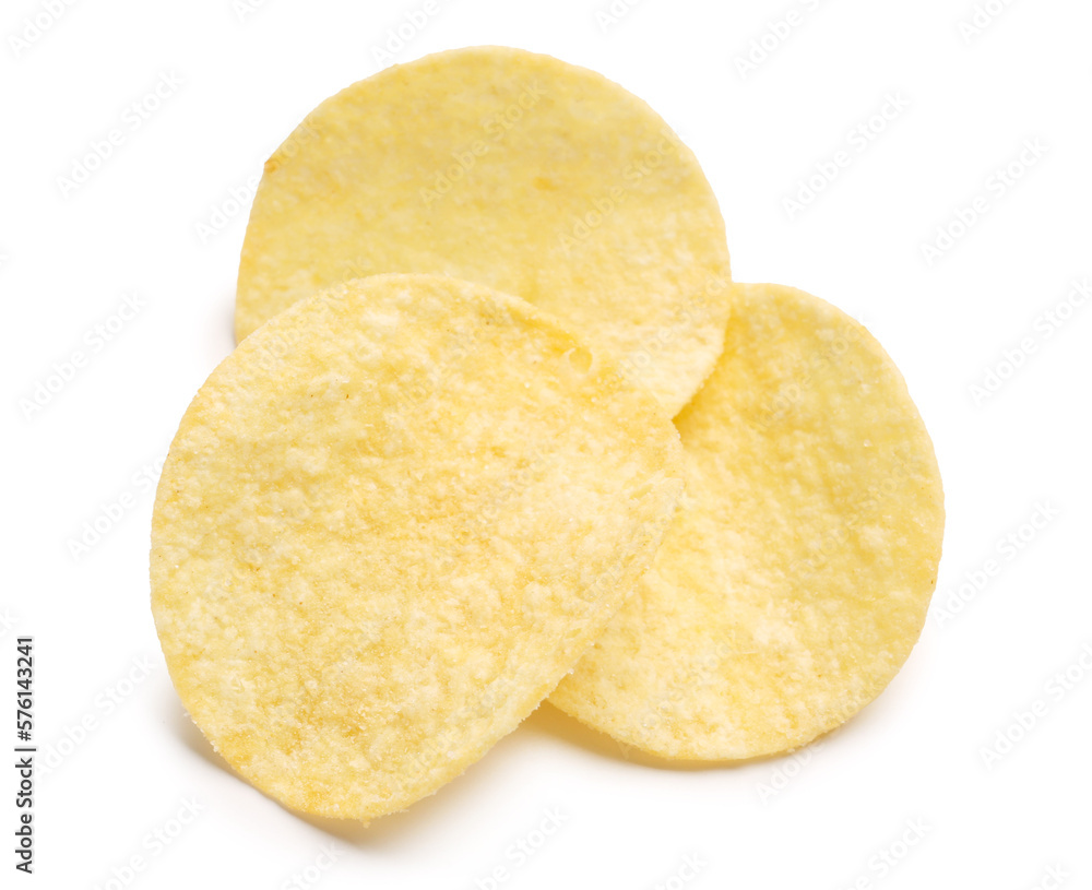 Delicious potato chips isolated on white background