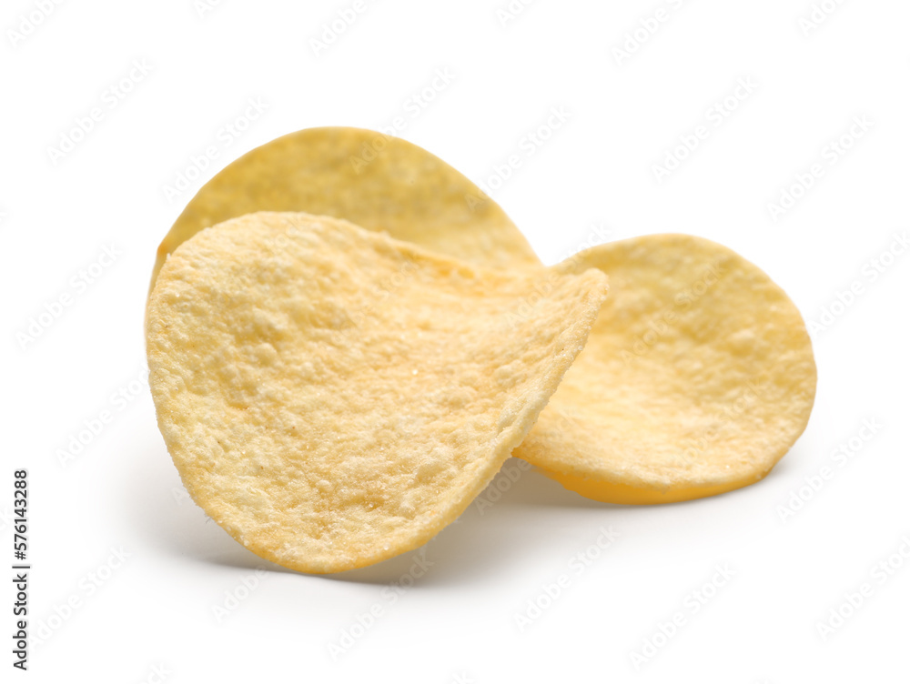 Delicious potato chips isolated on white background