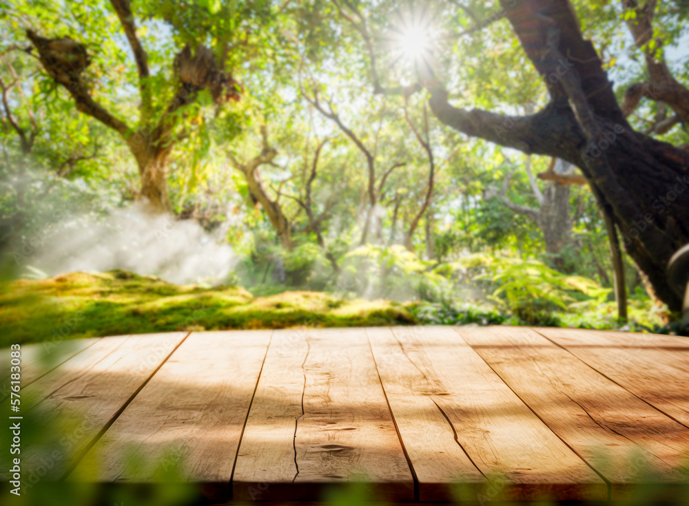 Nature background, Wood table for food and product display over blur green tree garden