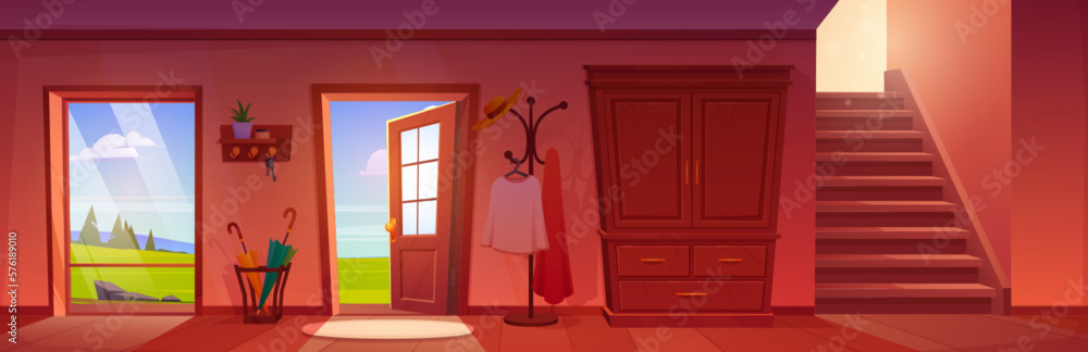 Hallway cartoon interior with stairs and open door in vector. Summer sky and meadow landscape backgr