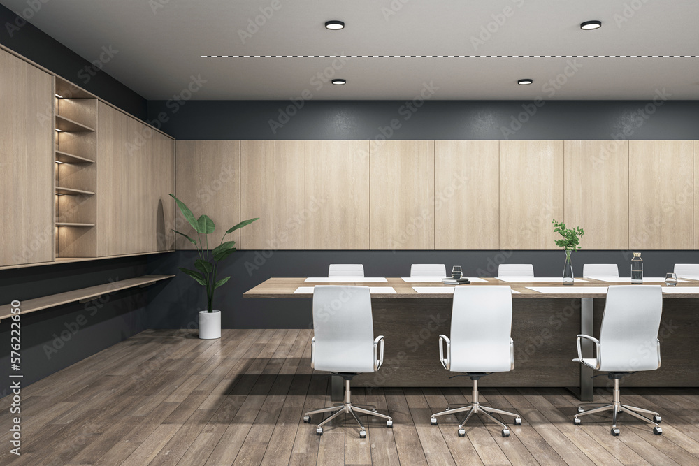 Back view on huge meeting table with white chairs around on dark wooden floor in modern interior des