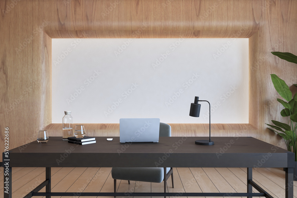 Clean light wooden office interior with furniture and equipment. Workplace concept. 3D Rendering.