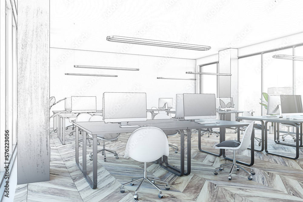 Doodle of modern coworking office room interior with furniture, equipment and window with city view.