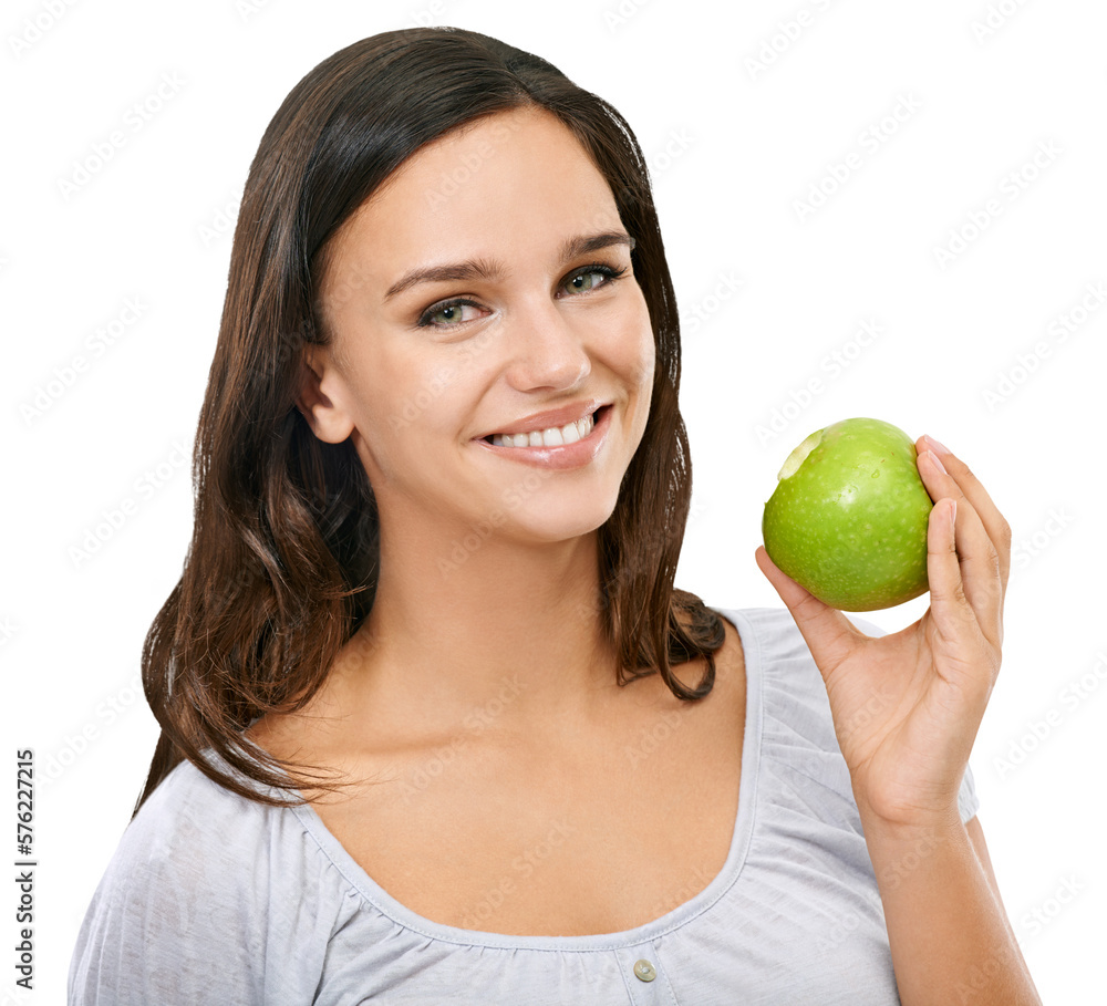 A fitness model choosing to eat an organic apple and natural fruit for a rich source of fiber and vi