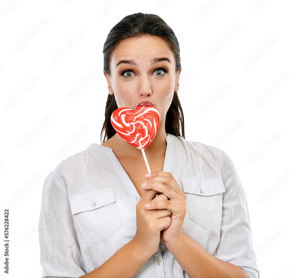 A young female model eating heart-shaped sweet candy and lollipop for a sweets craving, dessert, or 