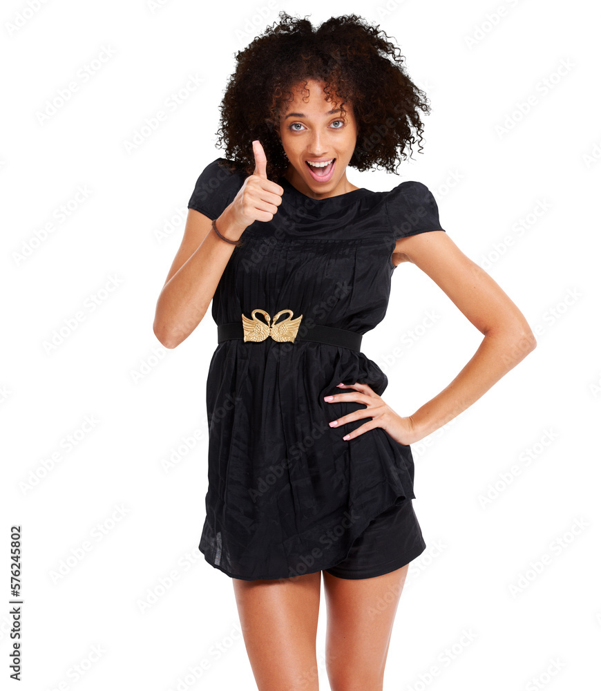 A fashionable modern African girl posing in confidence with a Thumbs up gesture, for congratulations