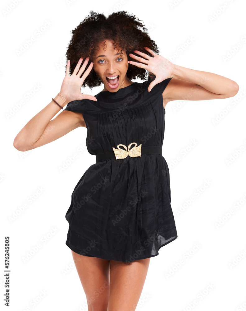 A surprised black woman with her palms open and stretched in a fashion party dress, trendy clothes, 