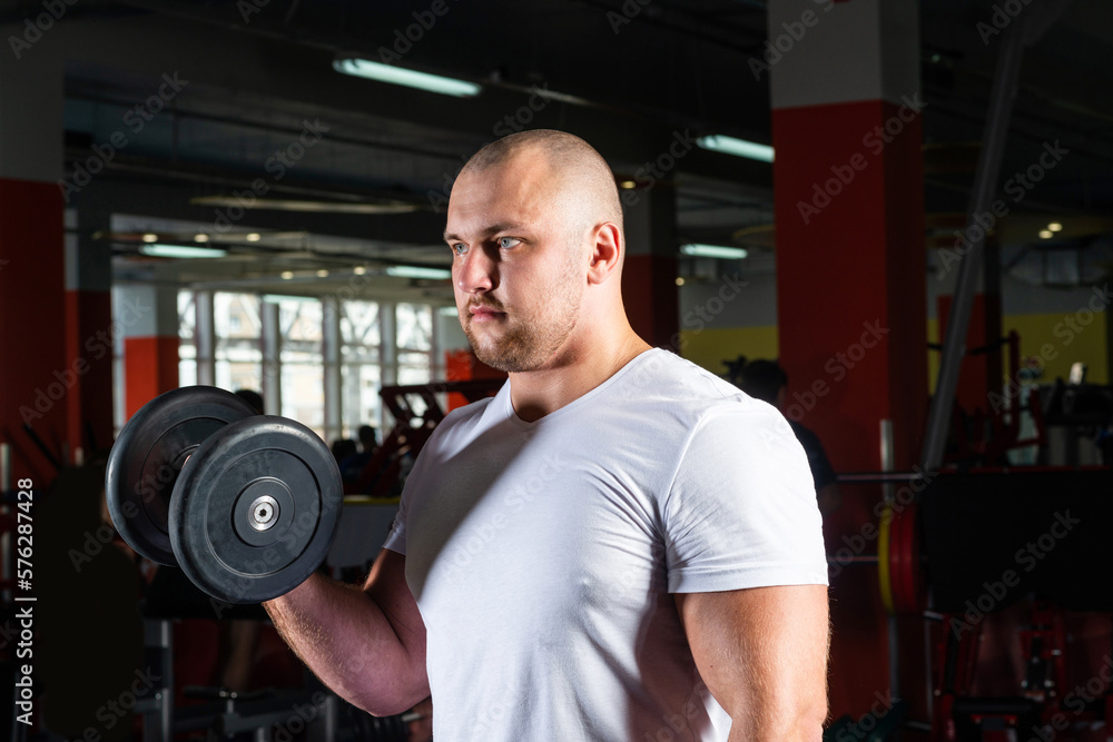 Male bodybuilder engaged with dumbbells in the gym