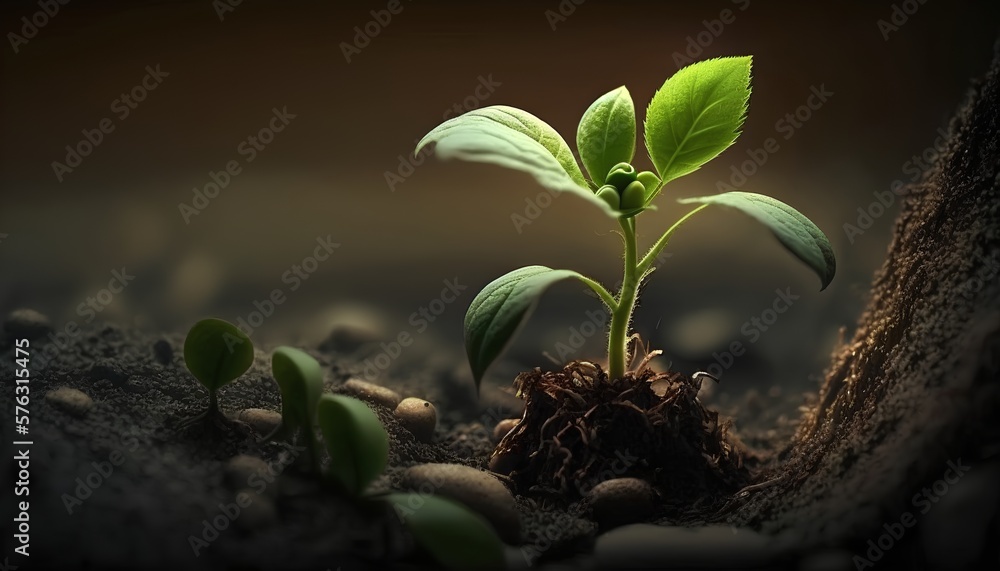 A close up macro shot of a green seedling illuminated by sunlight. Generative AI