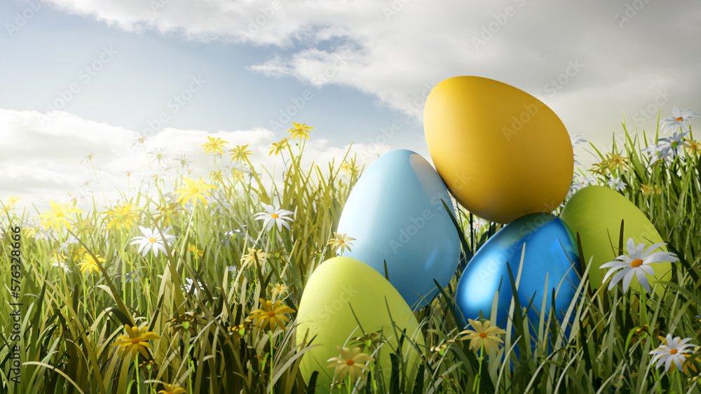 A collection of decorated Easter eggs in a Spring meadow on a sunny day. 3D illustration