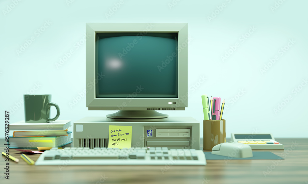 Office room with a classic 1990s desktop computer. 3d Illustration