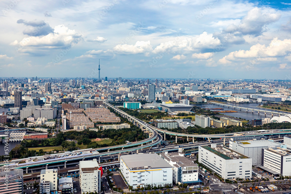 Aerial view of Odaiba Harbor in Minato City, Tokyo, Japan