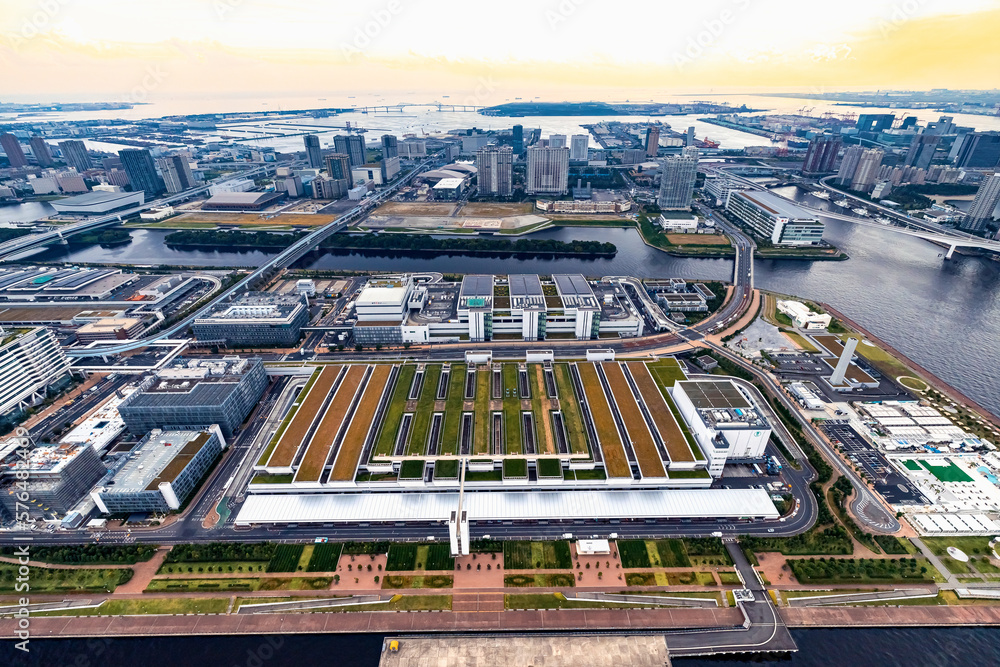 Aerial view of Odaiba Harbor in Minato City, Tokyo, Japan