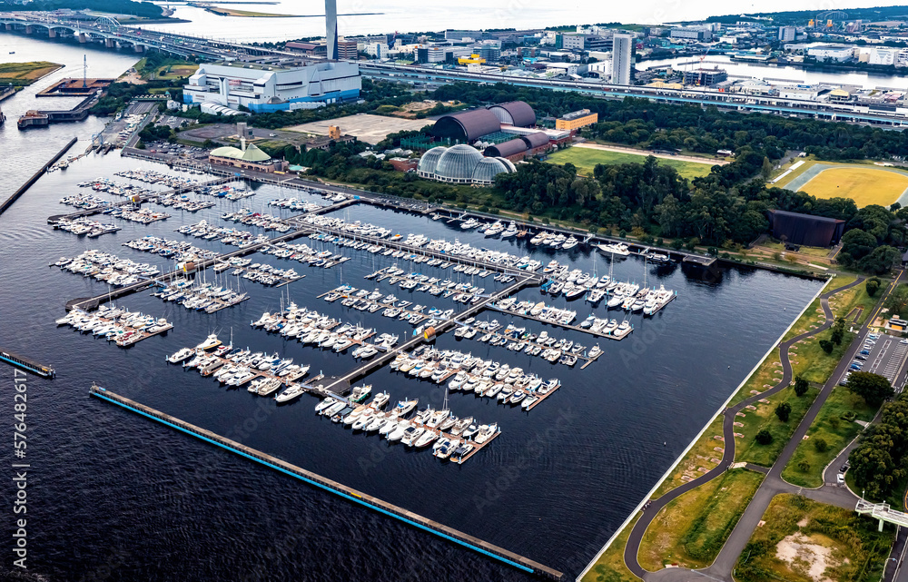 Yumenoshima Marina boats docked in Koto city, Tokyo, Japan