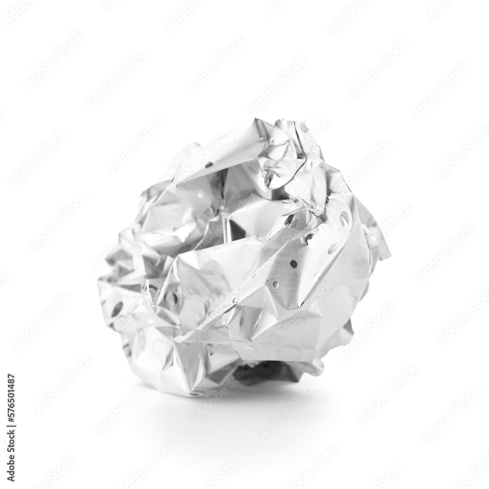 Crumpled ball of aluminium foil on white background