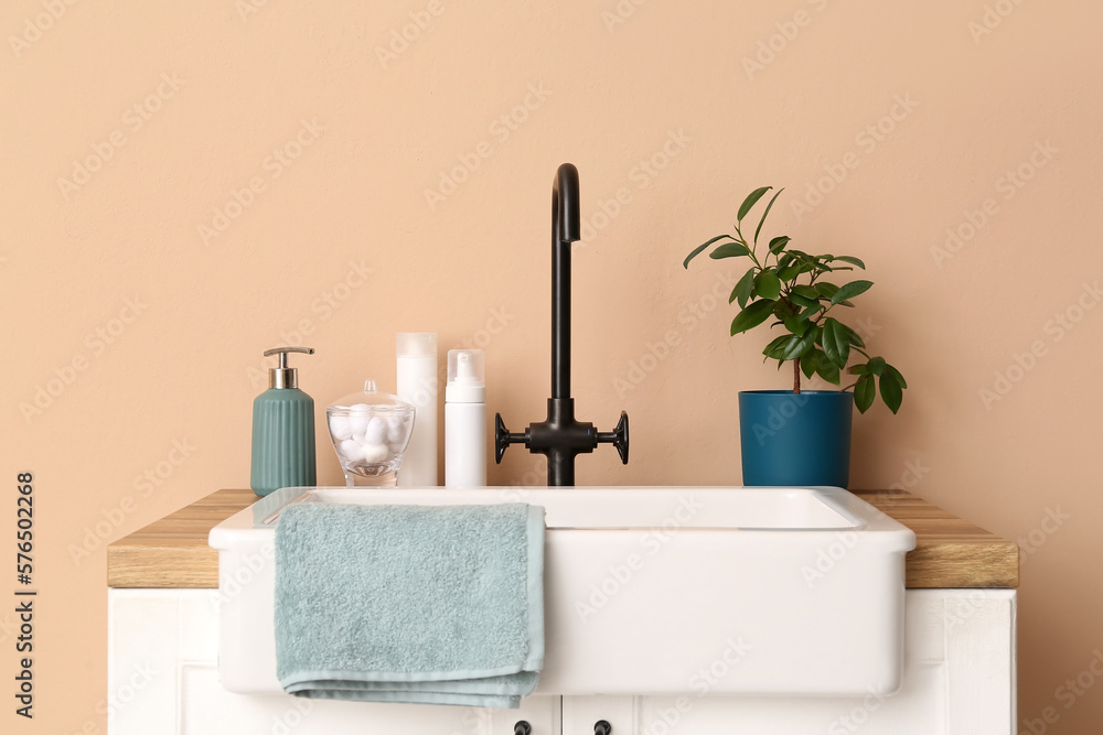 Table with sink, bath accessories and houseplant near beige wall