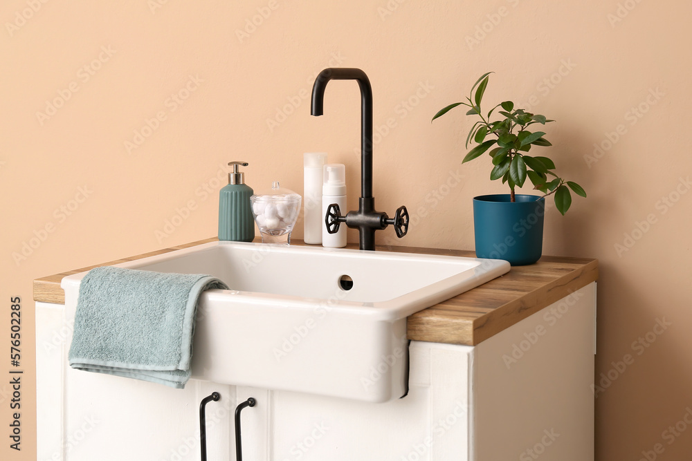 Table with sink, bath accessories and houseplant near beige wall